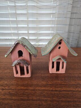 Art Pottery VTG Green Drip Glaze Cutout Village Terracotta Cottages Set of 2